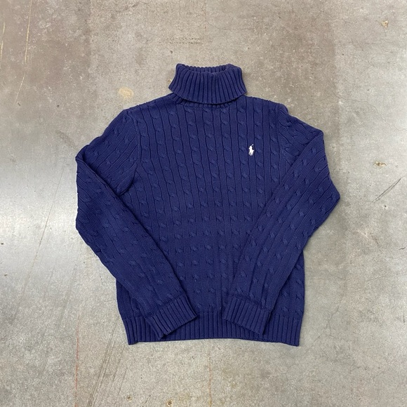 VTG Polo Ralph Lauren Cable Knit Turtleneck Sweater Blue Women’s Large - Picture 2 of 8